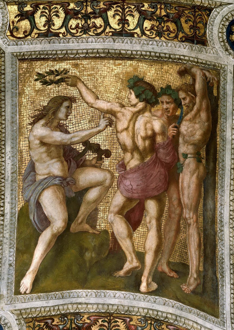 Marsyas और अपोलो। स्टेंज़ा डेला सेग्नतुरा में फ्रेस्को सीलिंग, सीए 1510-1511। द्वारा राफेल