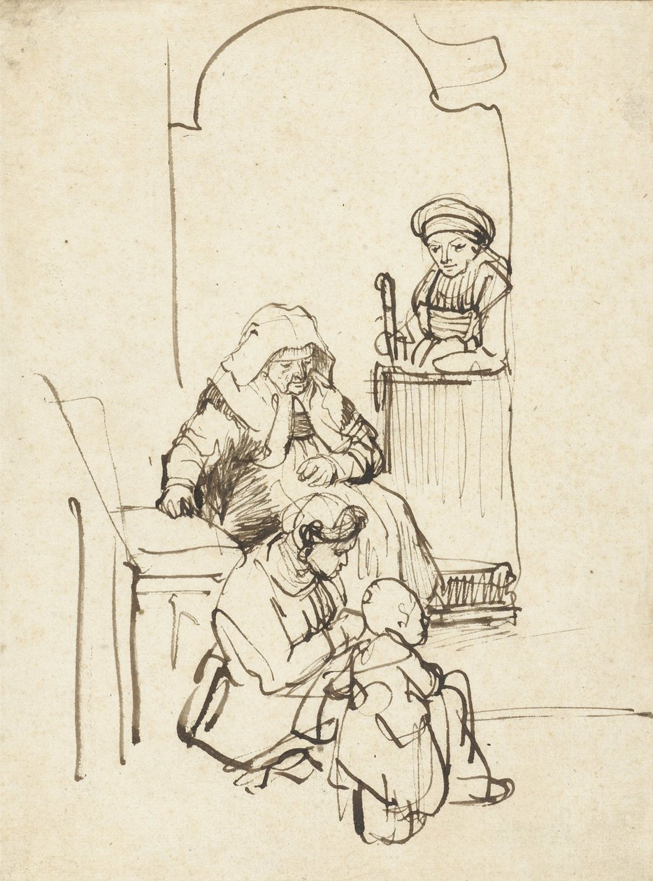 एक दरवाजे से तीन महिलाएं और एक बच्चा, c.1645 द्वारा रिमब्रांड वैन रिजन