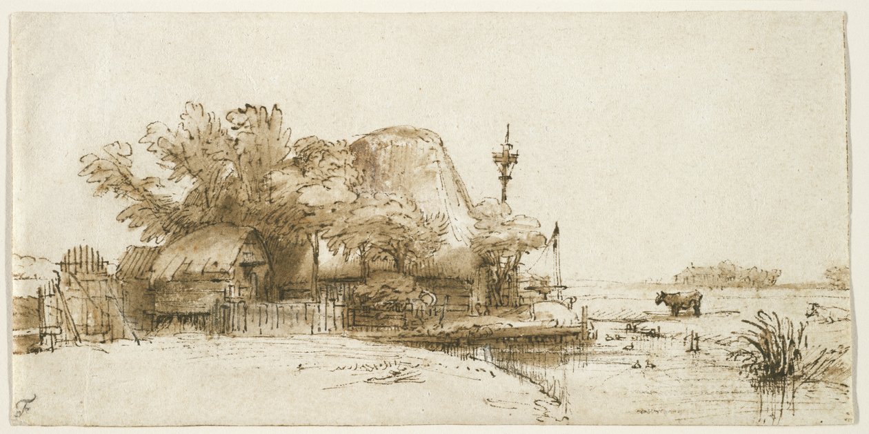 Amsteldijk पर एक खेत, c.1650-52 (कागज पर कलम और स्याही और धुलाई) द्वारा रिमब्रांड वैन रिजन