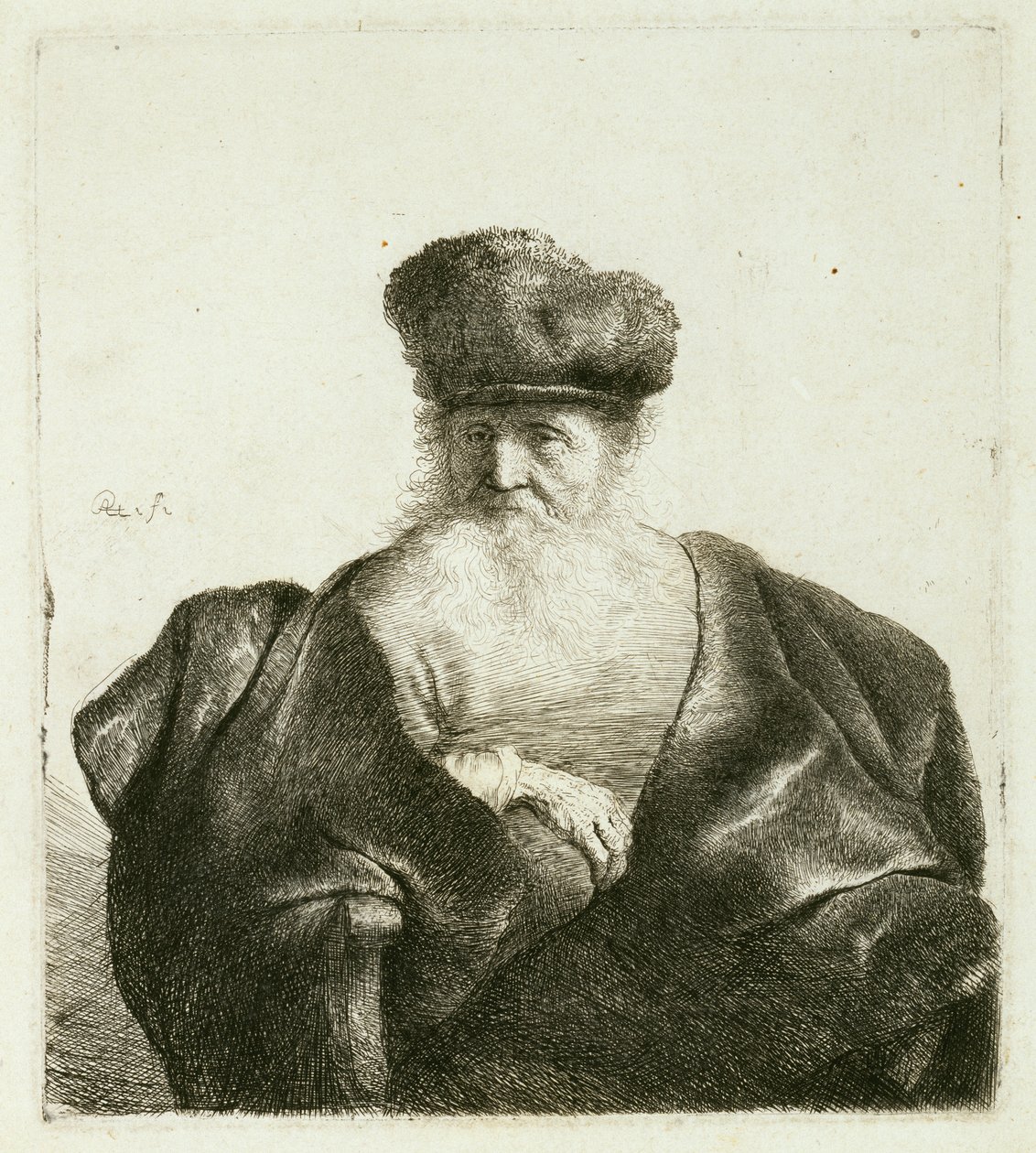 दाढ़ी वाला एक बूढ़ा आदमी, फर कैप और एक मखमली लबादा, c.1632 द्वारा रिमब्रांड वैन रिजन