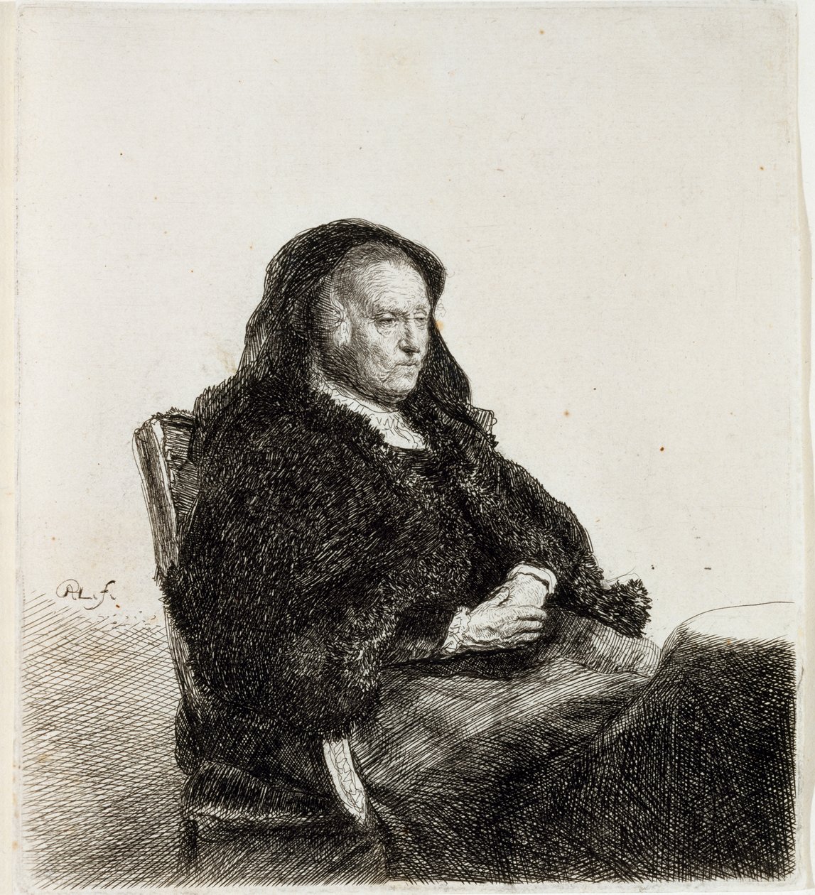 आर्टिस्ट मदर टेबल पर बैठे, c.1631 (नक़्क़ाशी और उत्कीर्णन) द्वारा रिमब्रांड वैन रिजन