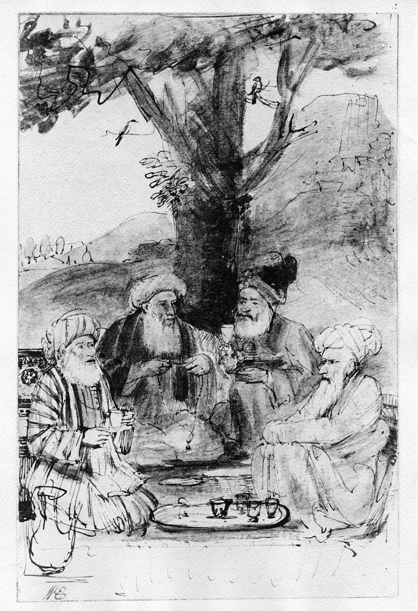 एक पेड़ के नीचे बैठे चार प्राच्य, c.1659 (कलम, कागज पर स्याही से धोना) द्वारा रिमब्रांड वैन रिजन