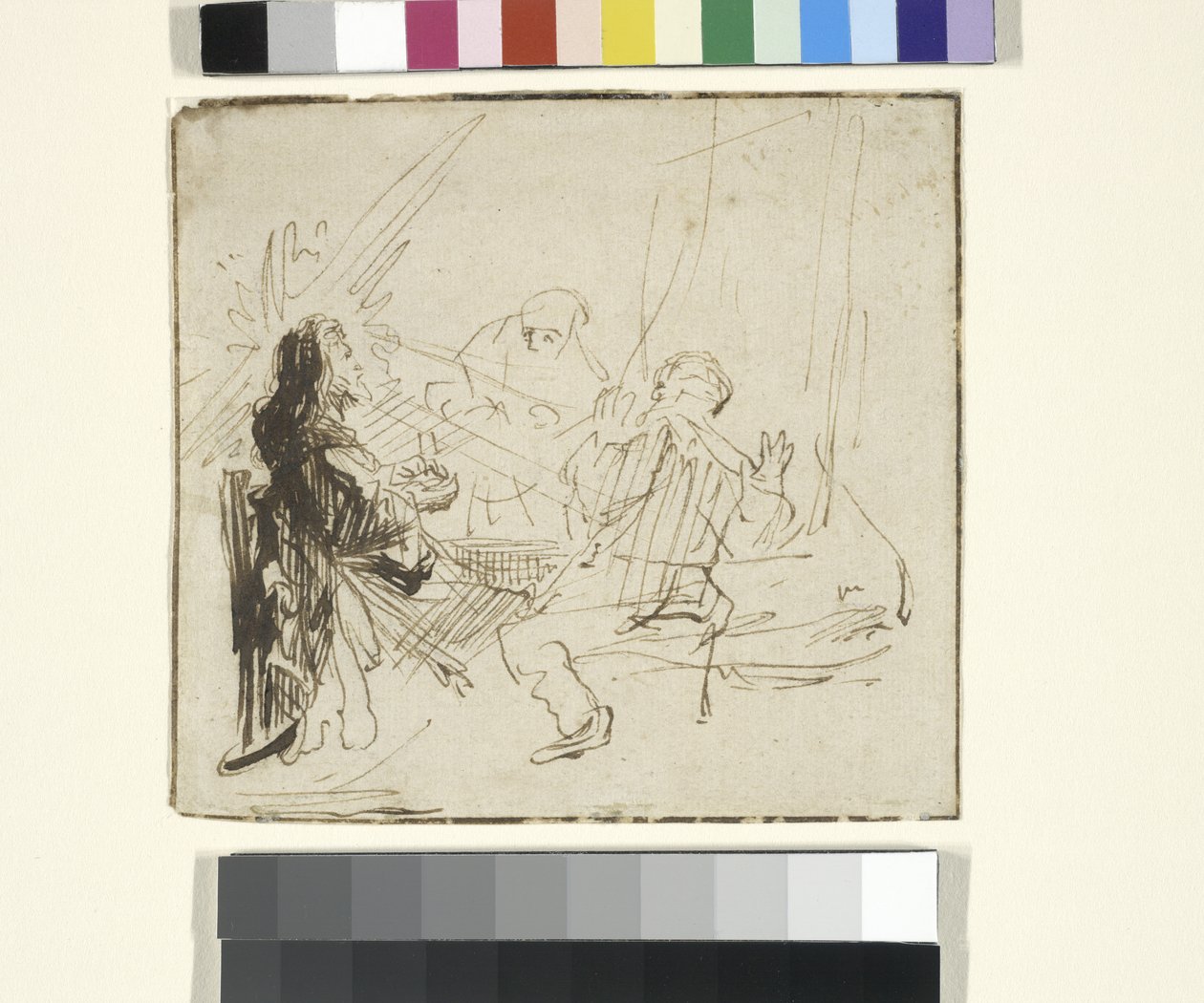 एम्मॉस में खाना, c.1630-33 (कागज पर स्याही और चाक) द्वारा रेम्ब्रांट हर्मेंसज़। वैन रिजन (स्कूल)