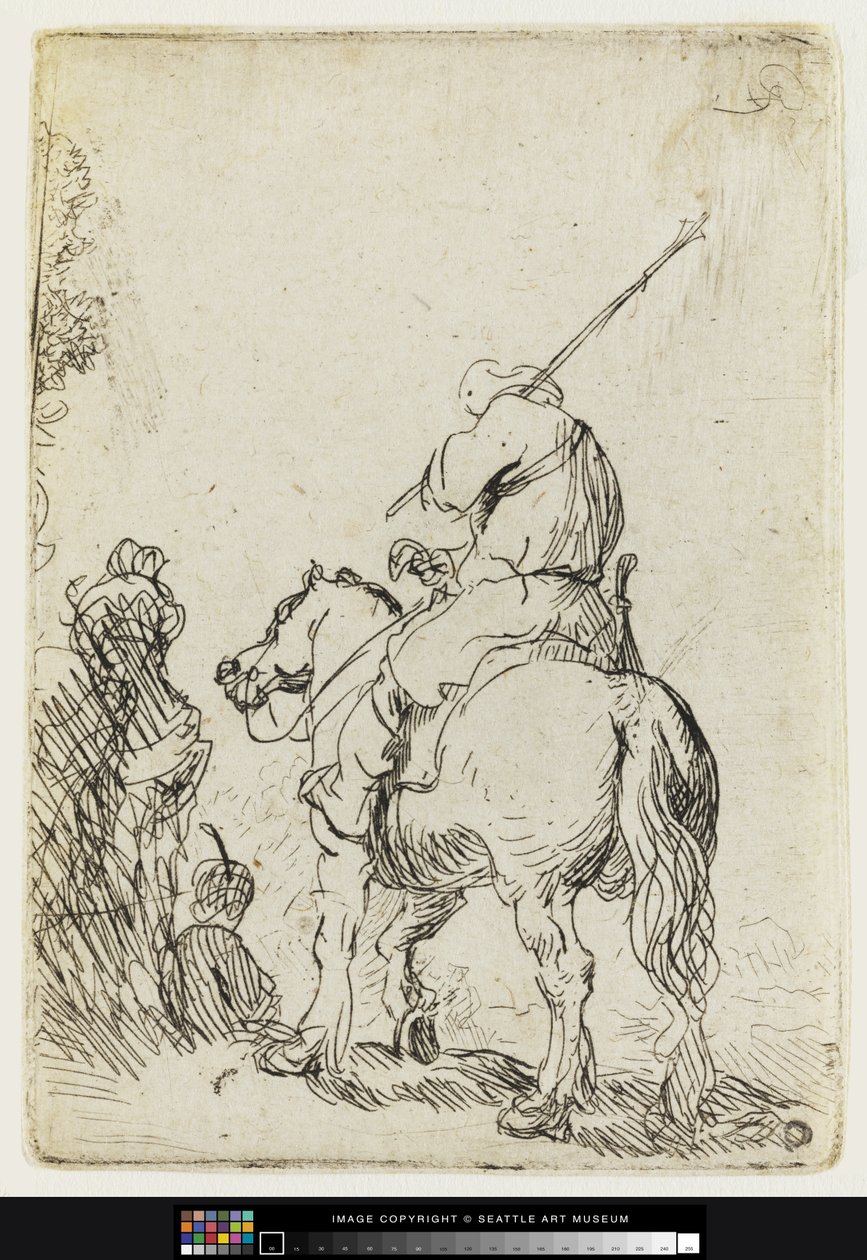 घोड़े की पीठ पर एक पगड़ीधारी सैनिक, c.1632 (नक़्क़ाशी) द्वारा रिमब्रांड वैन रिजन