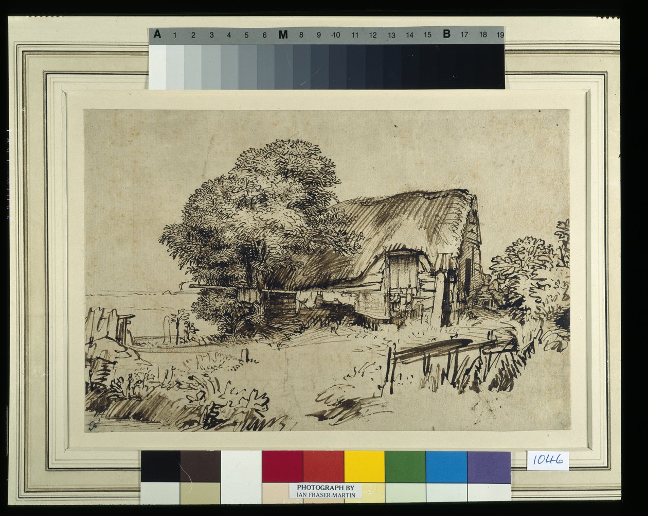 एक बड़े पेड़ द्वारा फूस की झोपड़ी, बाहर बैठी एक आकृति, c.1648-52 (कागज पर कलम और स्याही) द्वारा रेम्ब्रांट हर्मेंज़। वैन रिजन