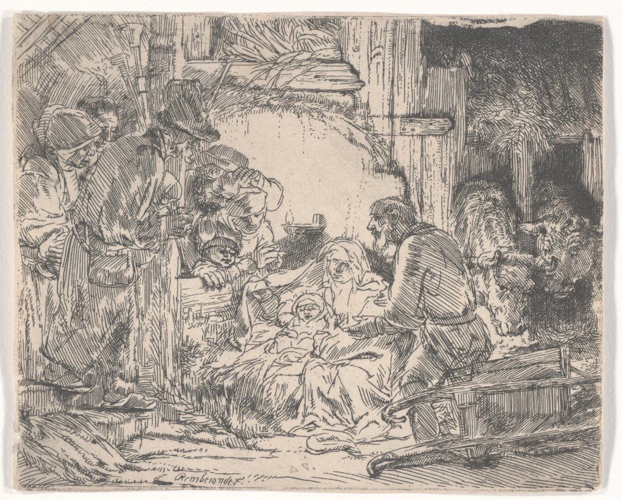 एक दीपक के साथ चरवाहों की आराधना, c.1654 (नक़्क़ाशी) द्वारा रिमब्रांड वैन रिजन