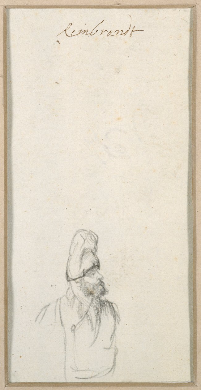प्रोफ़ाइल में दाढ़ी वाला आदमी, ऊँची टोपी में, c.1640 (कागज पर काला चाक) द्वारा रेम्ब्रांट हर्मेंज़। वैन रिजन
