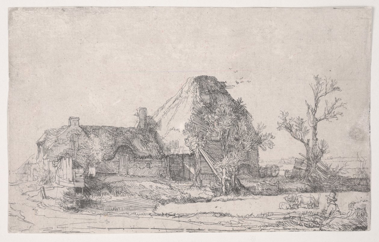 मैन स्केचिंग के साथ कॉटेज और फार्म बिल्डिंग, c.1645 (नक़्क़ाशी) द्वारा रिमब्रांड वैन रिजन