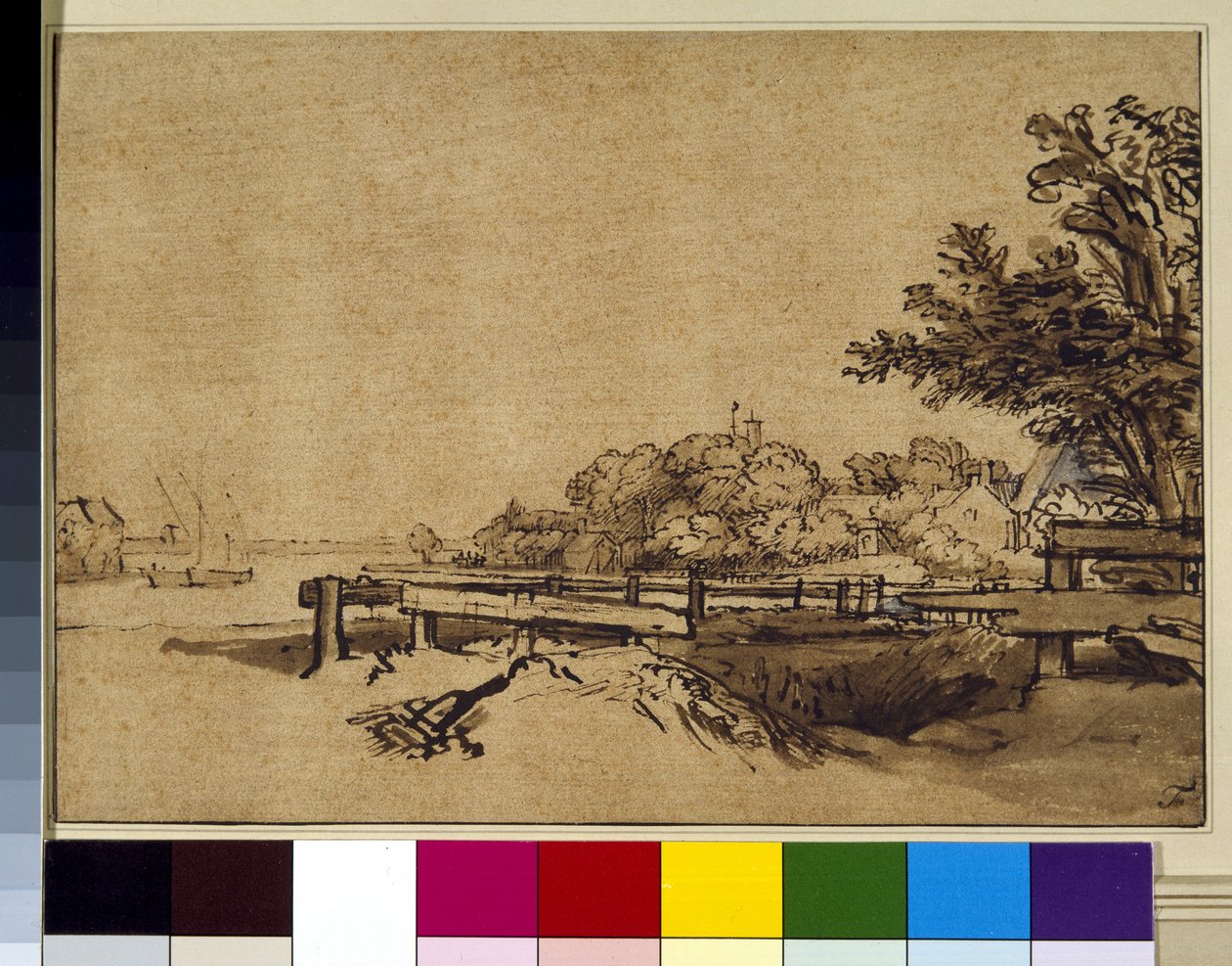 लैंडस्केप, c.1650 (कलम और स्याही और कागज पर धोएं) द्वारा रेम्ब्रांट हर्मेंज़। वैन रिजन