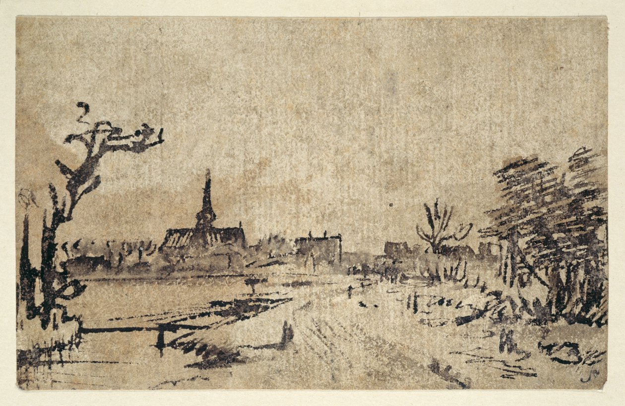 पानी के साथ लैंडस्केप, पृष्ठभूमि में एम्स्टेलवीन का गांव, c.1654-55 (ब्राउन वॉश के साथ कलम और स्याही) द्वारा रेम्ब्रांट हर्मेंज़। वैन रिजन