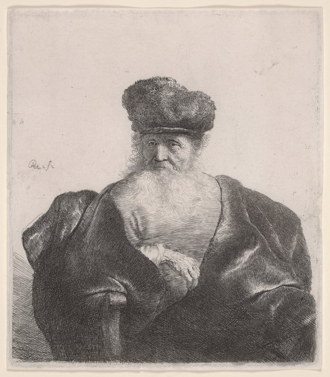 ओल्ड मैन विथ फ्लोइंग बियर्ड, फर कैप और वेलवेट क्लोक, c.1632 (नक़्क़ाशी) द्वारा रिमब्रांड वैन रिजन