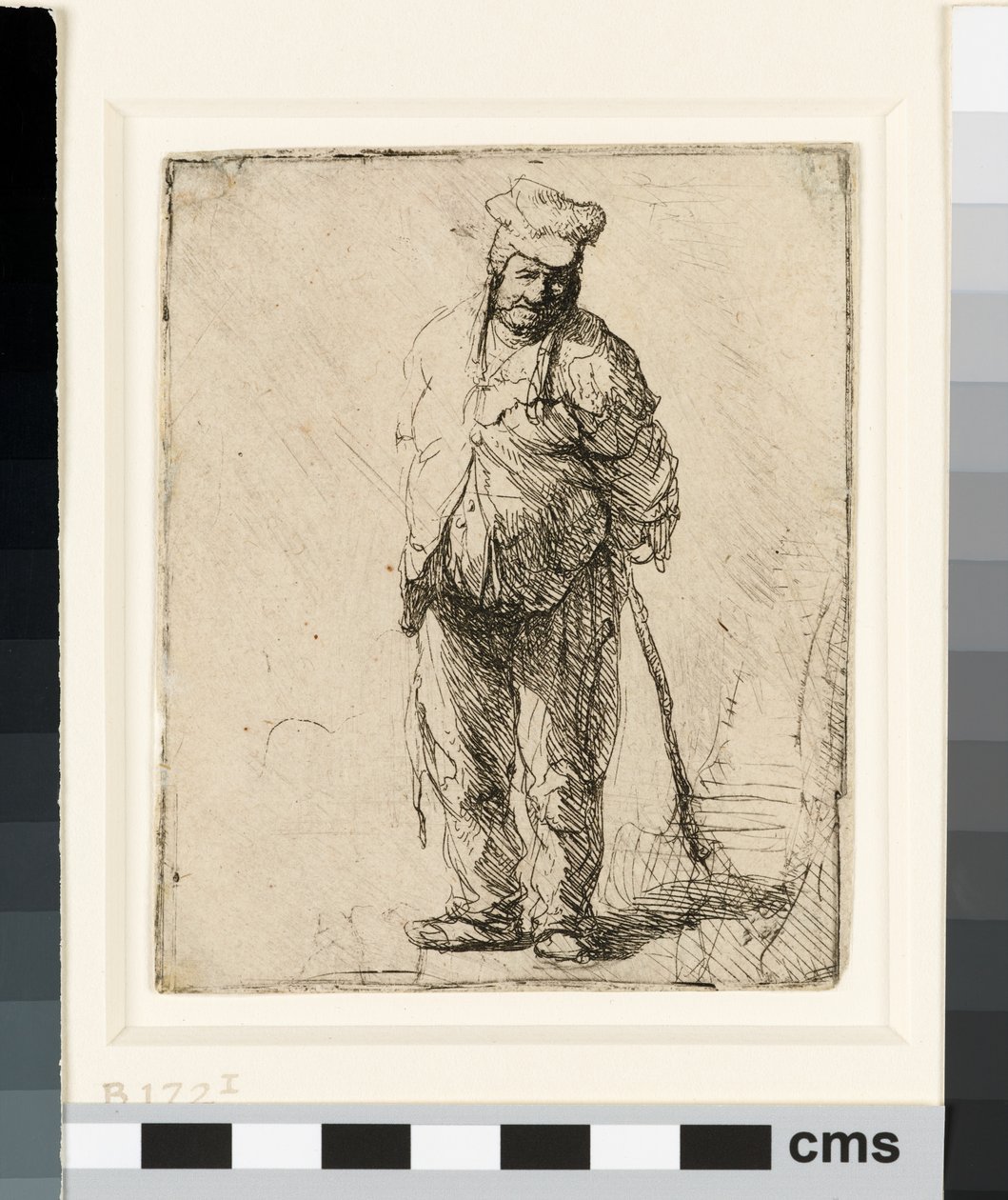 उसके पीछे अपने हाथों से पके हुए किसान, एक छड़ी पकड़े हुए, c.1630 (नक़्क़ाशी) द्वारा रिमब्रांड वैन रिजन