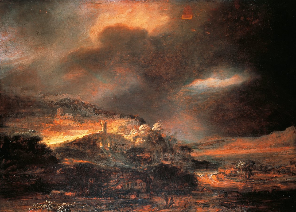 स्टॉर्मी लैंडस्केप, c.1637/38 (पैनल पर तेल) द्वारा रेम्ब्रांट हर्मेंज़। वैन रिजन