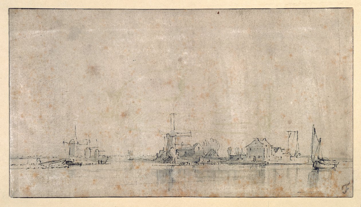 ओमवाल में एम्स्टेल, c.1650-53 (कागज पर धोने के साथ कलम और स्याही) द्वारा रेम्ब्रांट हर्मेंज़। वैन रिजन