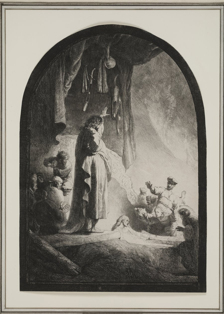 द राइज़िंग ऑफ़ लाजर: द लार्ज प्लेट, c.1632 (नक़्क़ाशी) द्वारा रिमब्रांड वैन रिजन