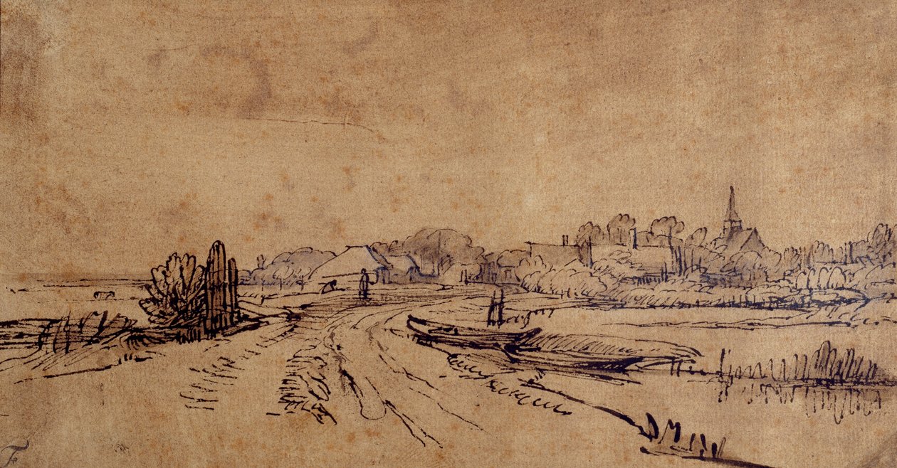 स्लोटेन का दृश्य, c.1650 (कागज पर ब्राउन वॉश के साथ कलम और स्याही) द्वारा रेम्ब्रांट हर्मेंज़। वैन रिजन