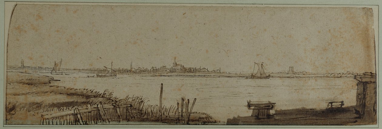 Diemerdijk से नदी IJ का दृश्य, c.1650 (कागज पर भूरे रंग के धोने और सफेद शरीर के रंग के साथ कलम और स्याही) द्वारा रेम्ब्रांट हर्मेंज़। वैन रिजन
