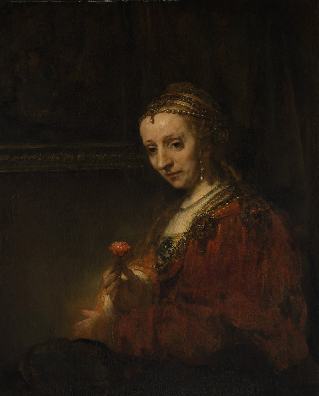 एक गुलाबी के साथ महिला, c.1660 (कैनवास पर तेल) द्वारा रिमब्रांड वैन रिजन
