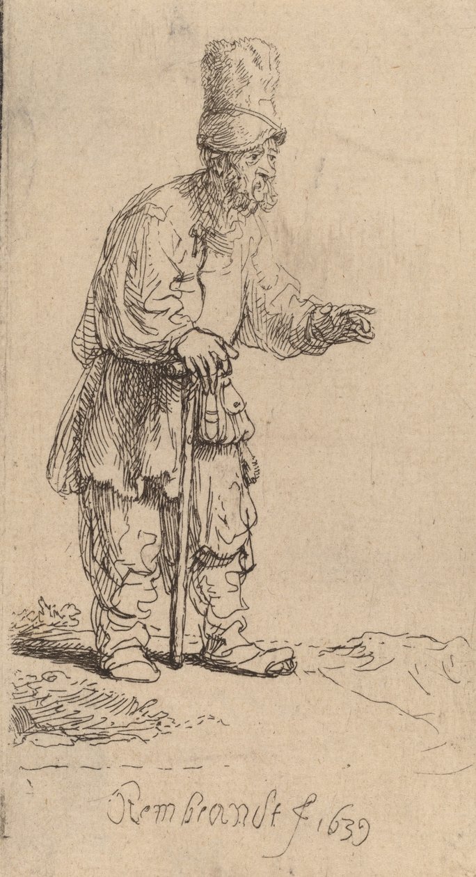 हाई कैप में एक किसान, एक छड़ी पर टिका हुआ, 1639। द्वारा रिमब्रांड वैन रिजन
