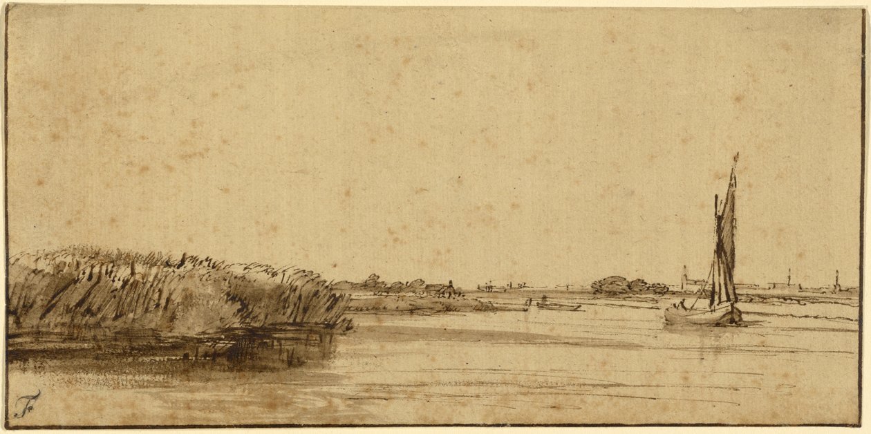 पानी की एक विस्तृत विस्तार पर एक नौकायन नाव, c.1650 (कलम और भूरे रंग की स्याही और भूरे रंग के कपड़े, रंगा हुआ कागज पर द्वारा रिमब्रांड वैन रिजन