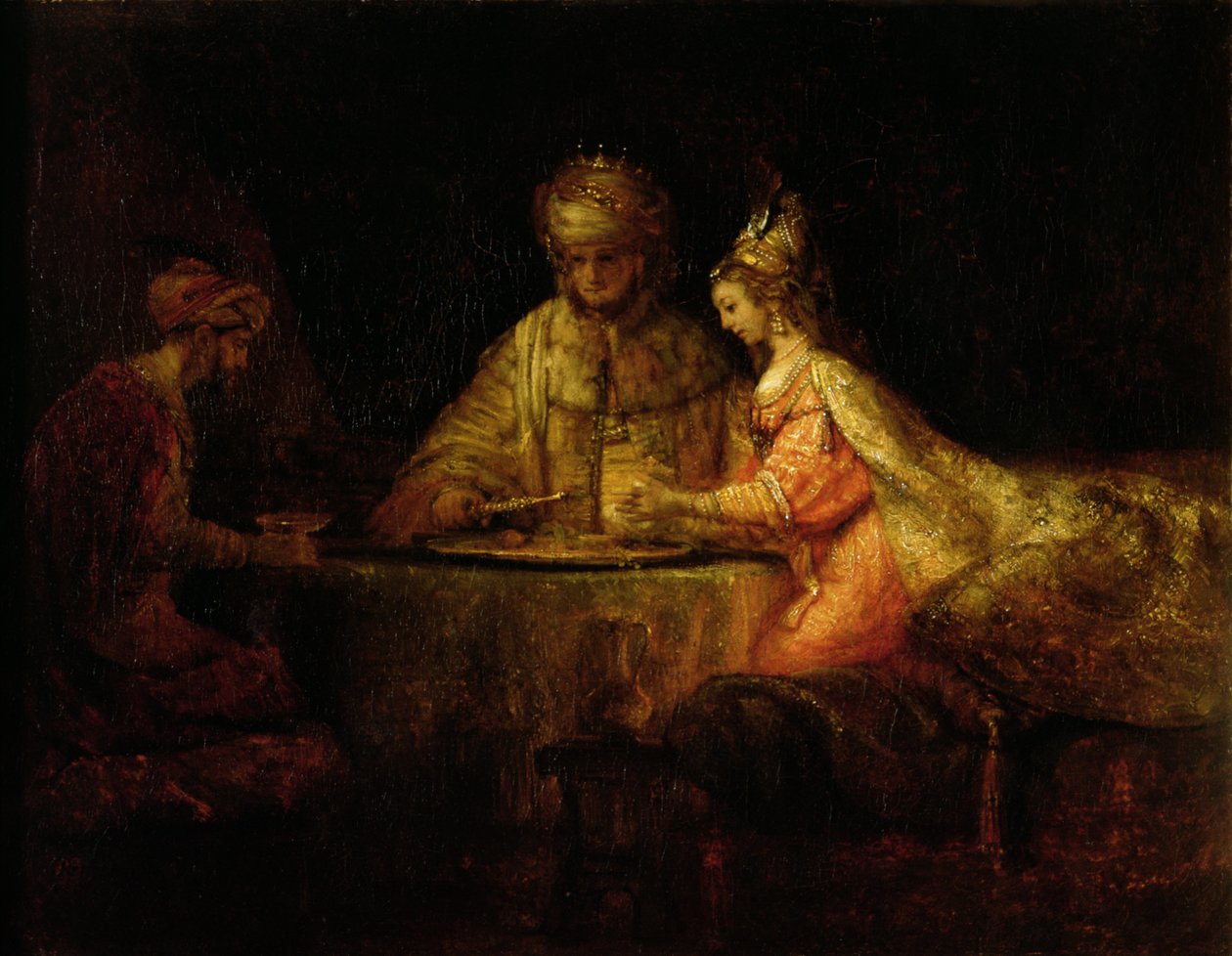अहासेरुस (ज़ेरक्स), हमन और एस्तेर, c.1660 द्वारा रिमब्रांड वैन रिजन