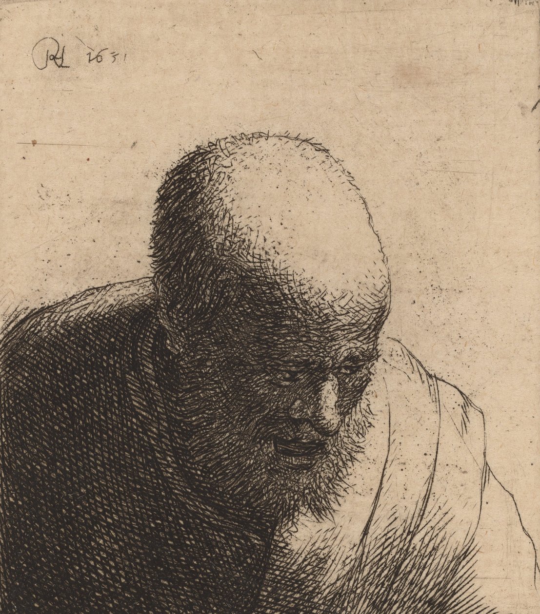 खुले मुंह वाला गंजा आदमी, नीचे देख रहा है, c. 1630. द्वारा रिमब्रांड वैन रिजन