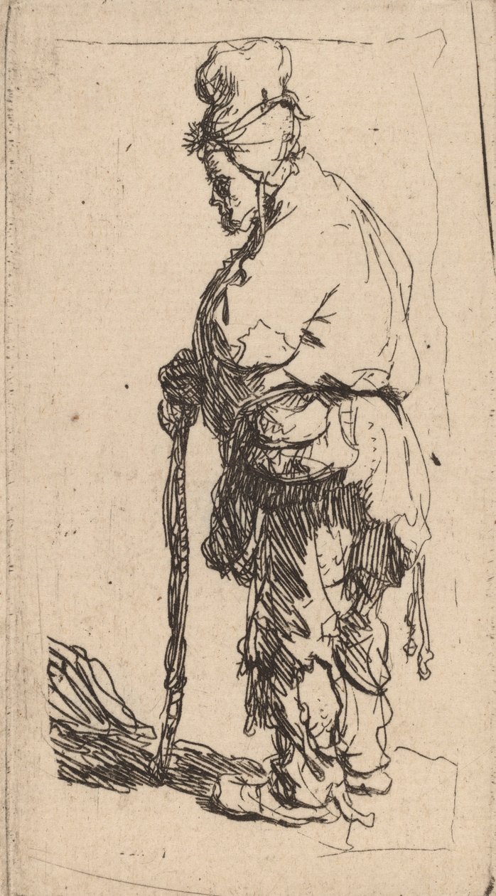 एक छड़ी पर झुका भिखारी, बाईं ओर मुख करके, c. 1630. द्वारा रिमब्रांड वैन रिजन