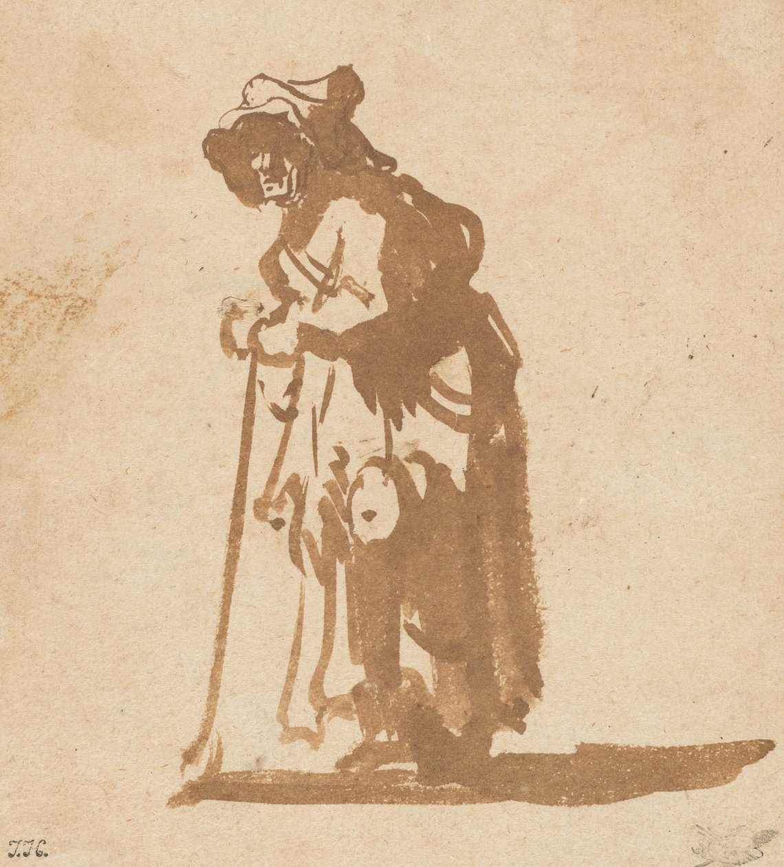एक छड़ी पर झुकी हुई भिखारी महिला, 16281630। द्वारा रिमब्रांड वैन रिजन