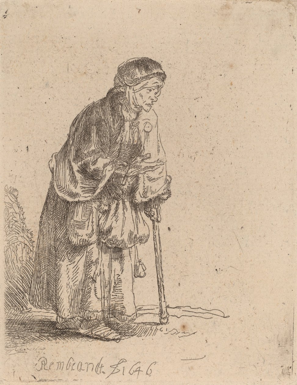 एक छड़ी पर झुकी हुई भिखारी महिला, 1646। द्वारा रिमब्रांड वैन रिजन