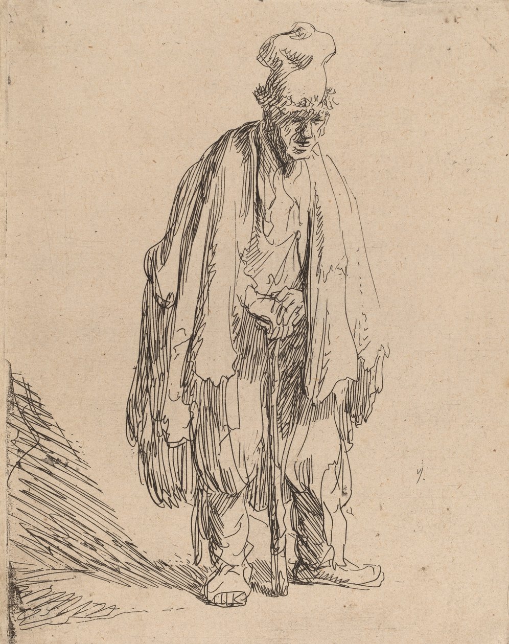 एक उच्च टोपी में भिखारी, एक छड़ी पर खड़ा होना और झुकना, c. 1630. द्वारा रिमब्रांड वैन रिजन
