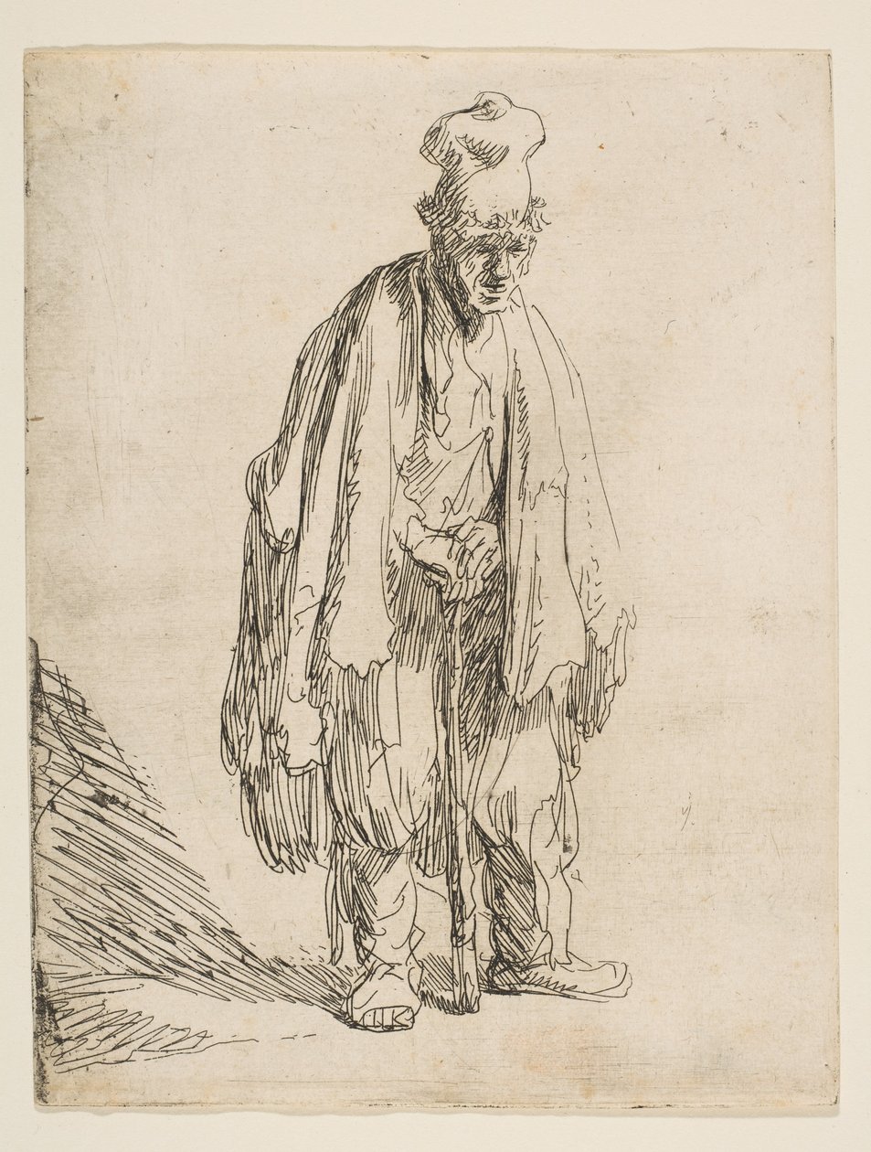 एक उच्च टोपी में भिखारी, एक छड़ी पर खड़े होकर झुकना, ca. 1629। द्वारा रिमब्रांड वैन रिजन