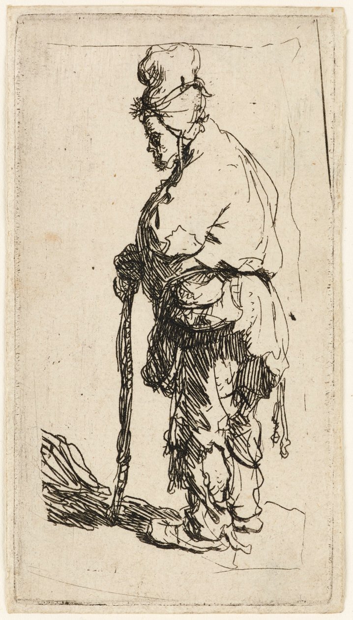 भिखारी एक छड़ी पर झुक गया, c.1630। द्वारा रिमब्रांड वैन रिजन