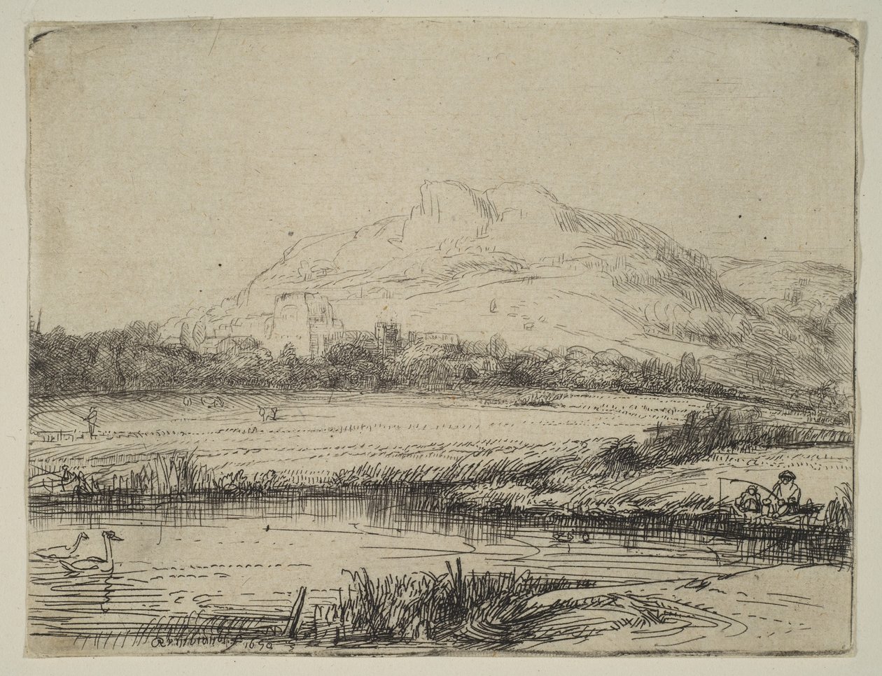 एक एंगलर और दो हंसों के साथ नहर, 1650। द्वारा रिमब्रांड वैन रिजन