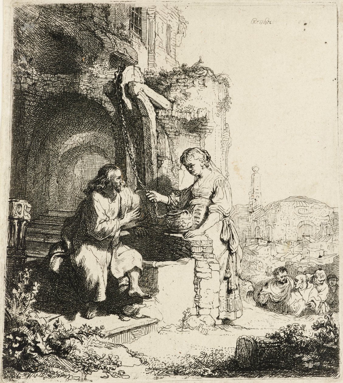 खंडहरों के बीच मसीह और सामरिया की स्त्री [यूहन्ना 4:5-20], 1634। द्वारा रिमब्रांड वैन रिजन