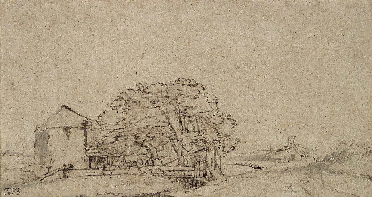 सुदूर फार्मस्टेड वाली सड़क के बगल में फार्म बिल्डिंग, 1650-69 (कागज पर ग्रे वॉश के साथ कलम और भूरी स्याही) द्वारा रिमब्रांड वैन रिजन
