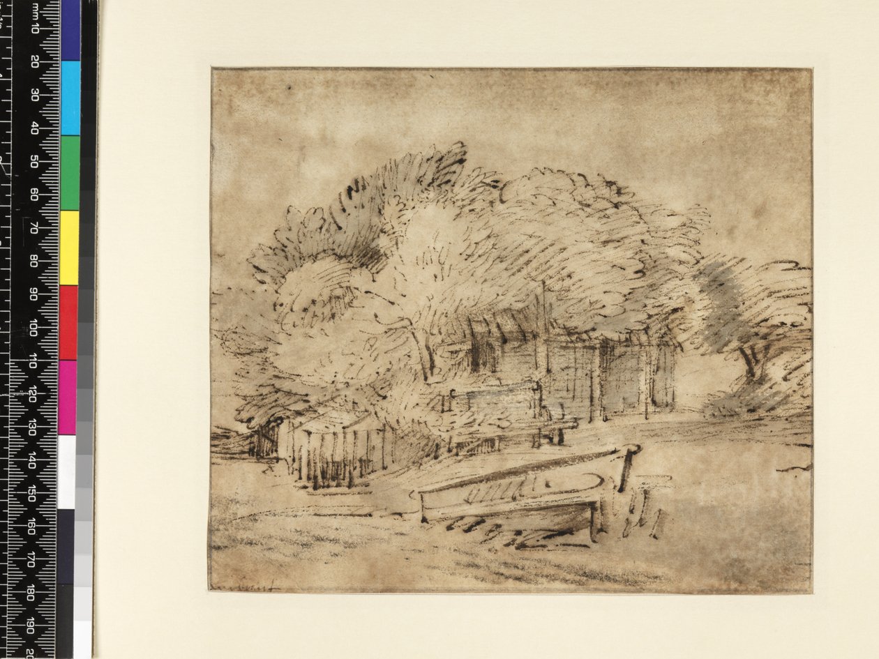 फार्महाउस पेड़ों के नीचे, फुटब्रिज के साथ, C.1650 (कागज पर धोने के साथ पेन und स्याही) द्वारा रिमब्रांड वैन रिजन