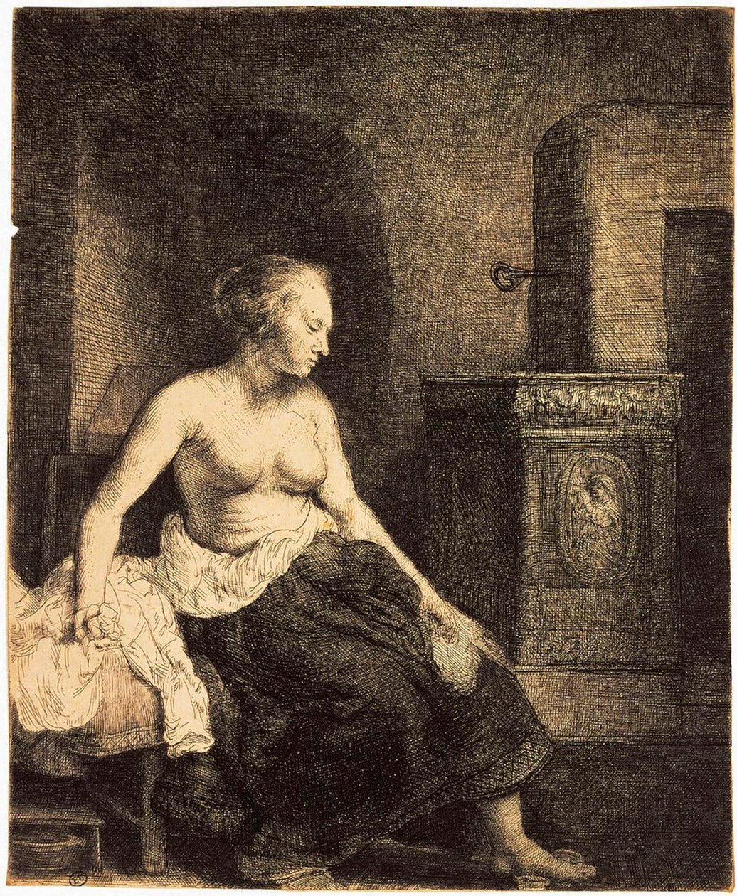अर्ध-नग्न महिला एक स्टोव, 1658 द्वारा। द्वारा रिमब्रांड वैन रिजन