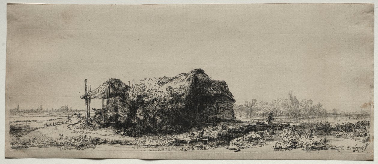 एक कॉटेज और हे बार्न के साथ लैंडस्केप: ओबलोंग, 1641। द्वारा रिमब्रांड वैन रिजन