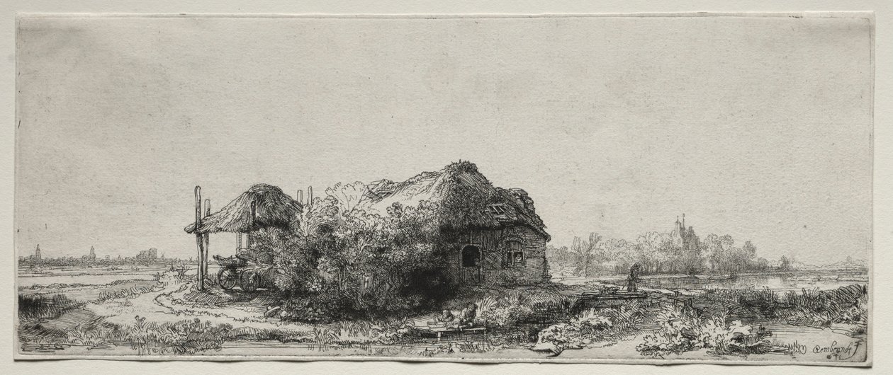 एक कॉटेज और हे बार्न के साथ लैंडस्केप: ओबलोंग, 1641। द्वारा रिमब्रांड वैन रिजन