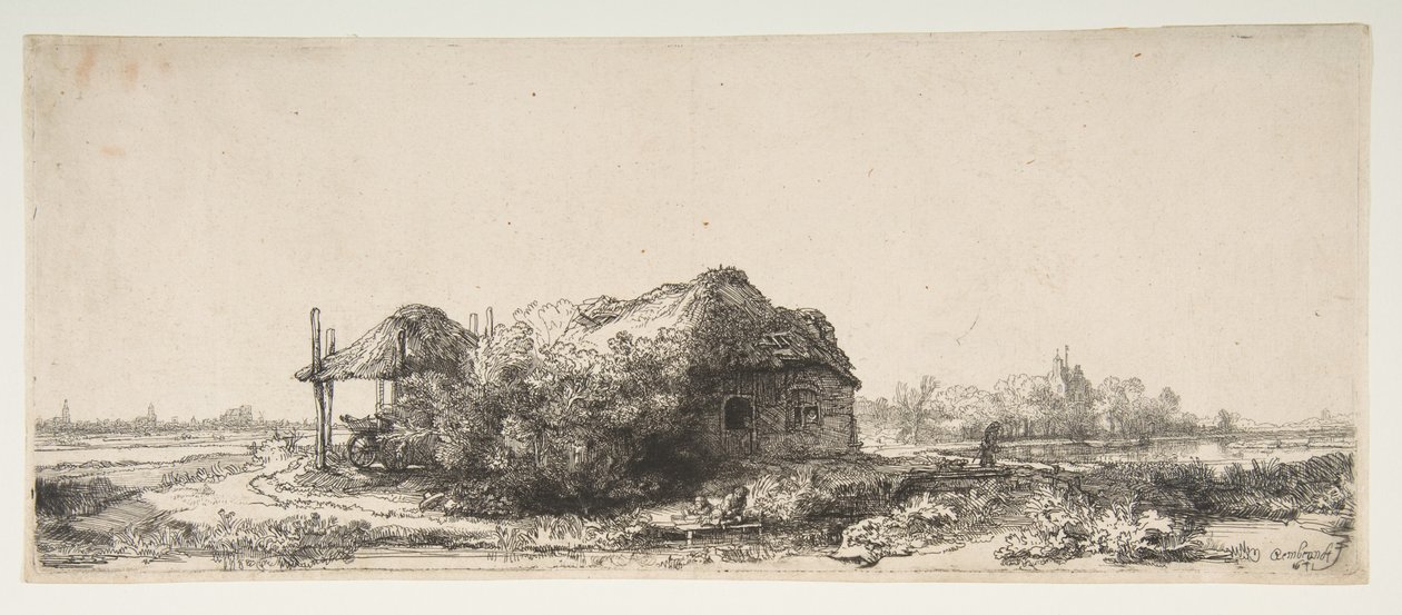 लैंडस्केप विद ए कॉटेज एंड ए हैबरन, 1641। द्वारा रिमब्रांड वैन रिजन