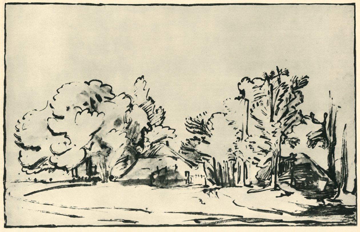 दो कॉटेज के साथ लैंडस्केप, c1650-1655, 1943। द्वारा रिमब्रांड वैन रिजन