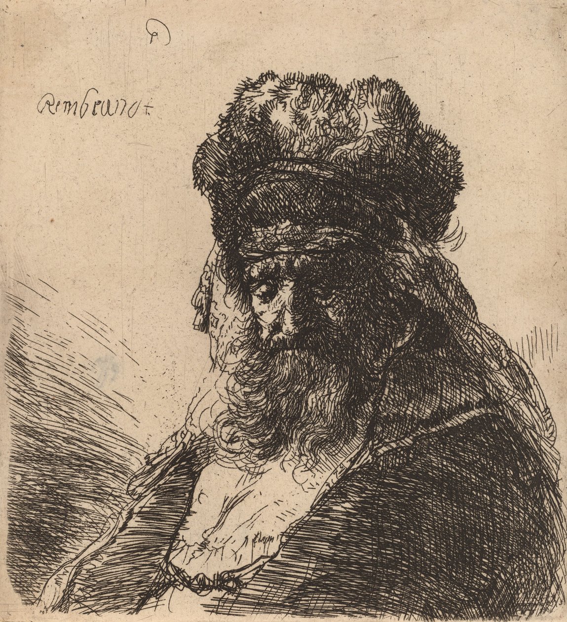 एक उच्च फर टोपी में बूढ़ा दाढ़ी वाला आदमी, आँखें बंद करके, c. 1635. द्वारा रिमब्रांड वैन रिजन