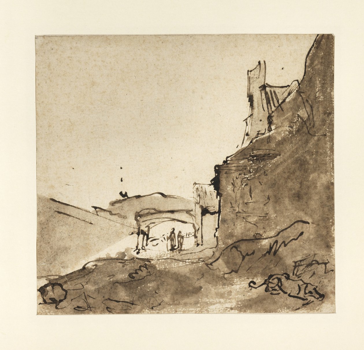 दीवारों और दरवाजे के साथ एक शहर का बाहरी हिस्सा, c.1627-28 (कागज पर धोने के साथ भारतीय स्याही) द्वारा रिमब्रांड वैन रिजन
