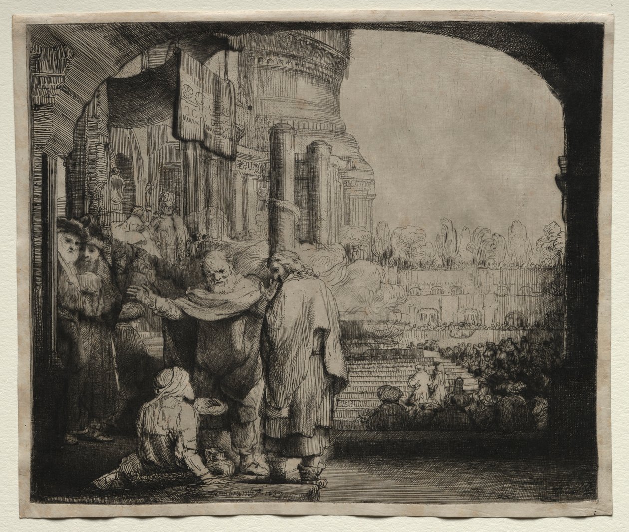 पीटर और जॉन मंदिर के गेट पर अपंग, 1659। द्वारा रिमब्रांड वैन रिजन