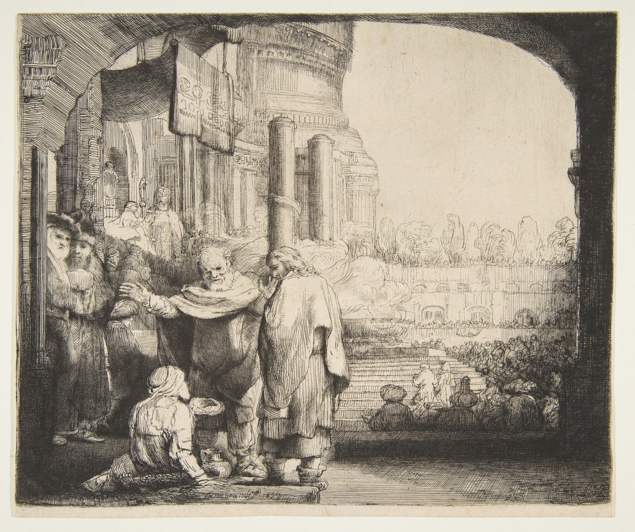 पीटर और जॉन मंदिर के गेट पर अपंग, 1659। द्वारा रिमब्रांड वैन रिजन
