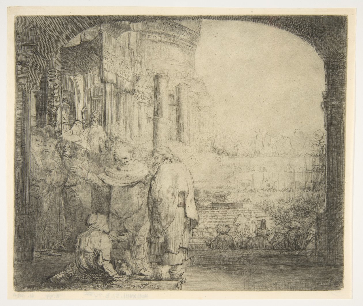 पीटर और जॉन मंदिर के गेट पर अपंग, 1659। द्वारा रिमब्रांड वैन रिजन
