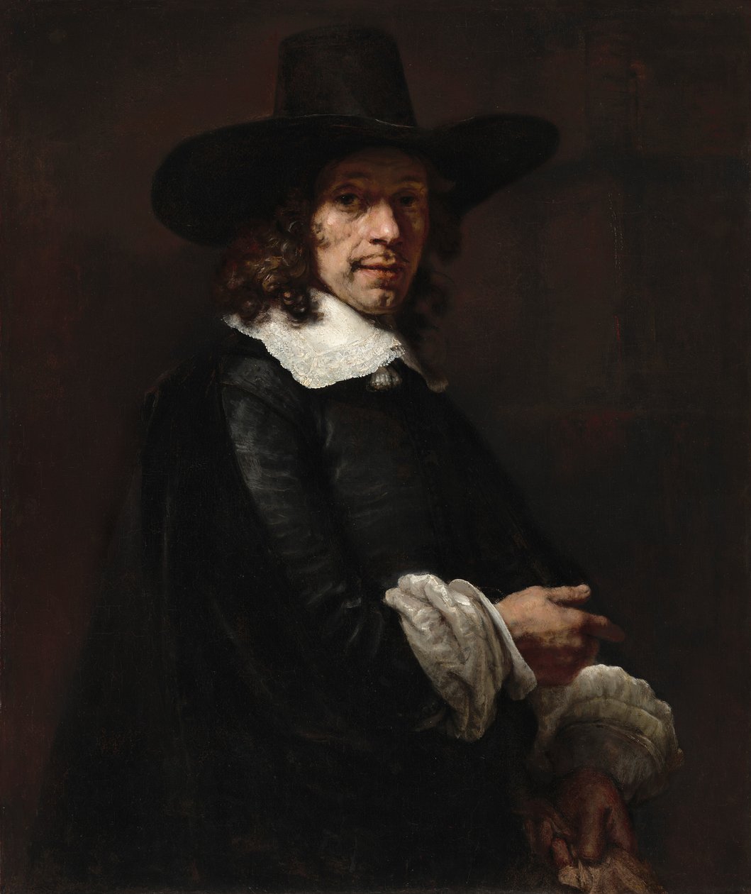 एक लंबी टोपी और दस्ताने के साथ एक सज्जन का चित्र, c. 16561658. द्वारा रिमब्रांड वैन रिजन