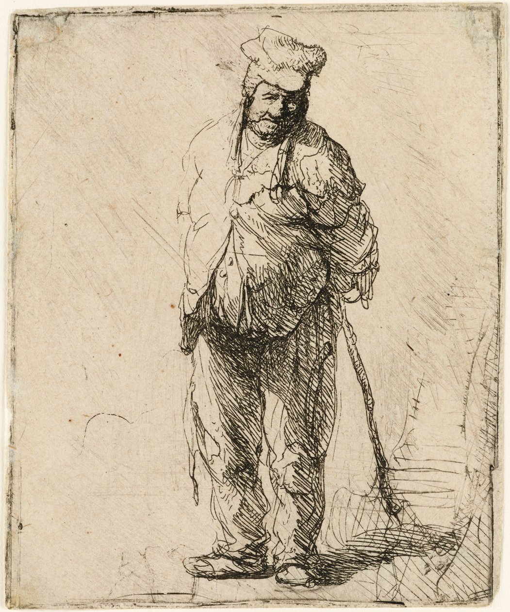 रैग्ड किसान अपने हाथों से उसके पीछे, एक छड़ी पकड़े हुए, c.1630। द्वारा रिमब्रांड वैन रिजन