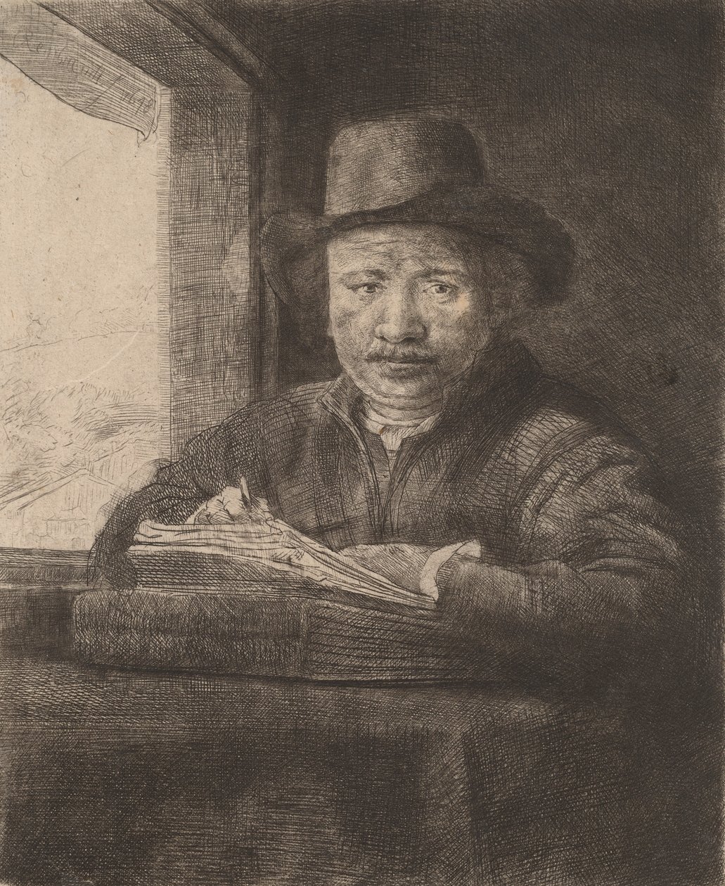 एक खिड़की पर सेल्फ-पोर्ट्रेट ड्रॉइंग, 1648। द्वारा रिमब्रांड वैन रिजन