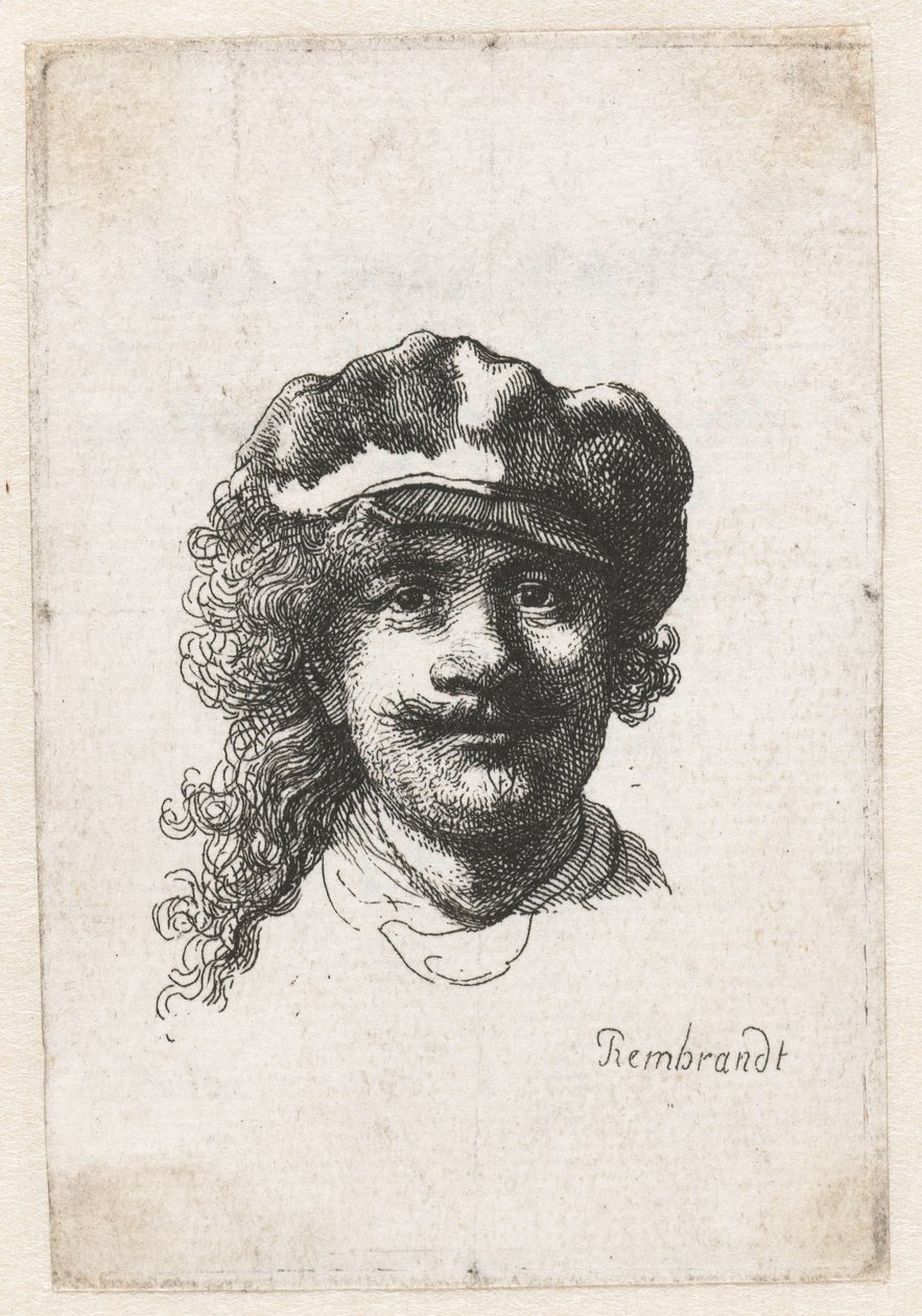 सॉफ्ट कैप पहने हुए सेल्फ़-पोर्ट्रेट: पूरा चेहरा, सिर्फ़ सिर, c. 1635. द्वारा रिमब्रांड वैन रिजन